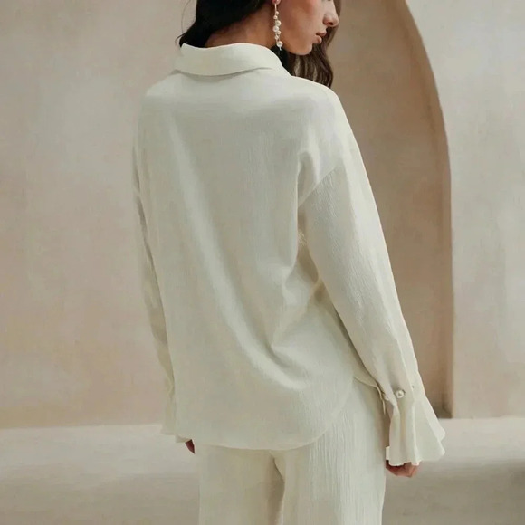 Elegant Pearl Decor Ruffle Sleeve Beige Blouse -	Beige - Picture 3 of 7